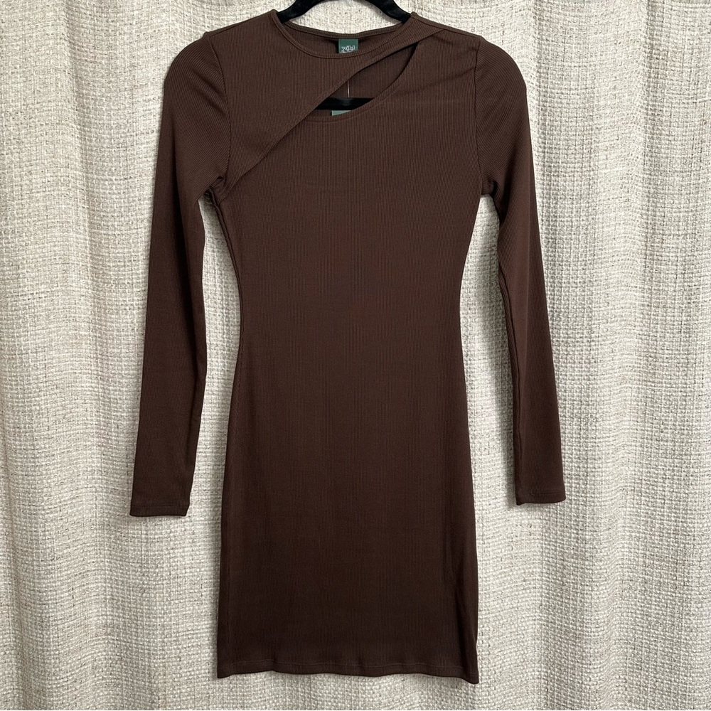 Wild Fable Long Sleeve Ribbed Bodycon Mini Dress Brown Neutral Minimalist XS
